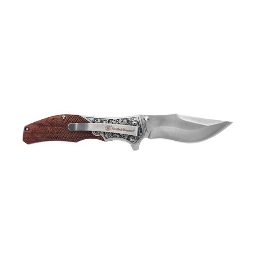 Folding knife with wooden handle and curved blade