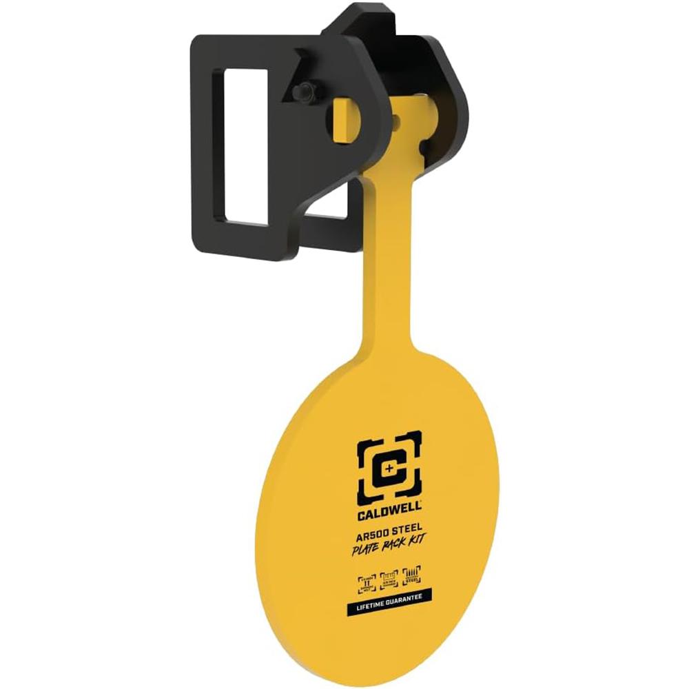 Yellow AR500 steel target plate with bracket