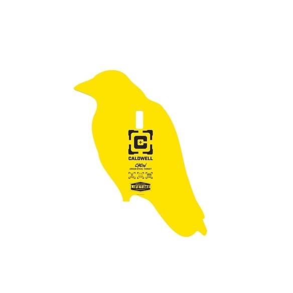 Yellow crow-shaped shooting target with Caldwell logo