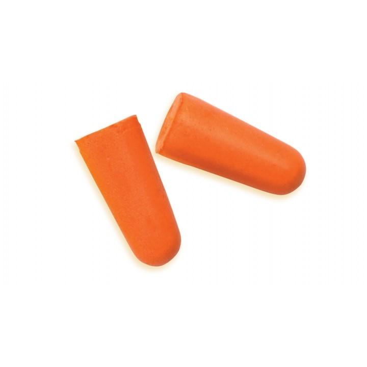 Two orange foam earplugs on white background