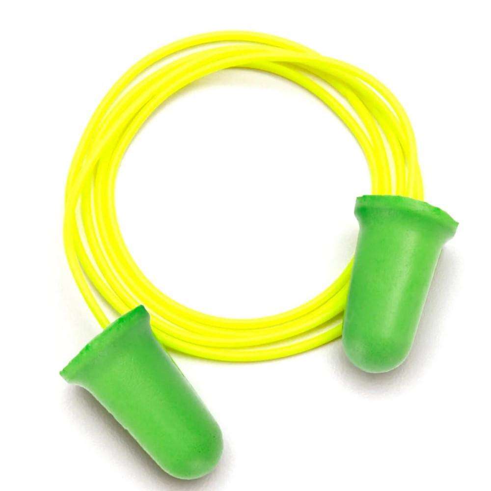 Green corded foam earplugs on white background