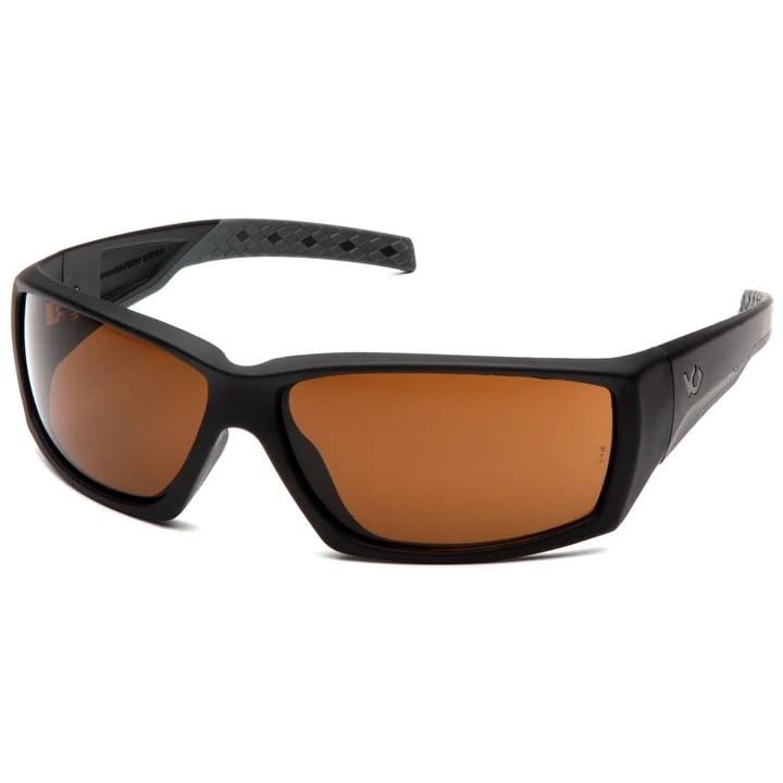 Black wraparound sunglasses with amber tinted lenses