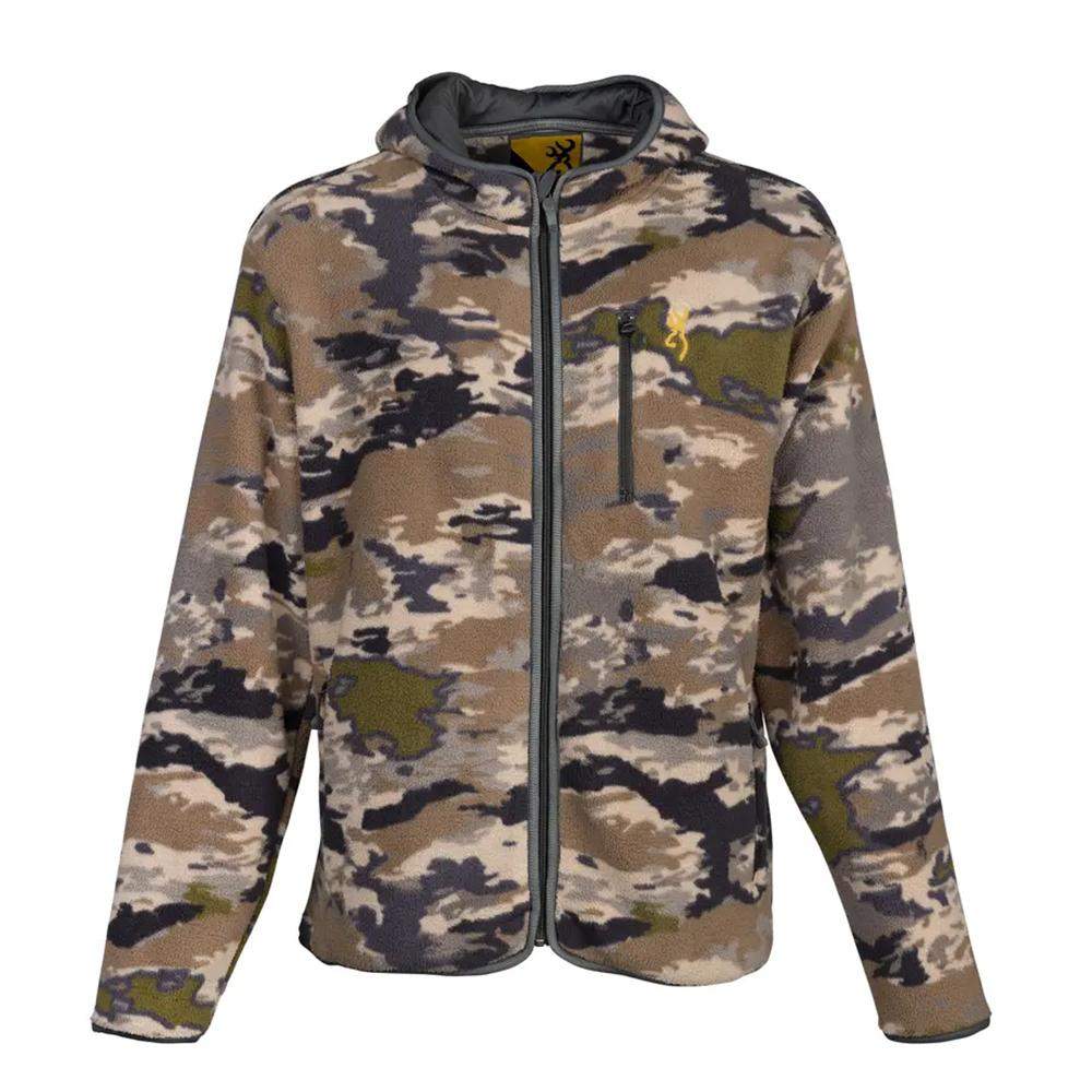 Camouflage zip-up hooded jacket on white background