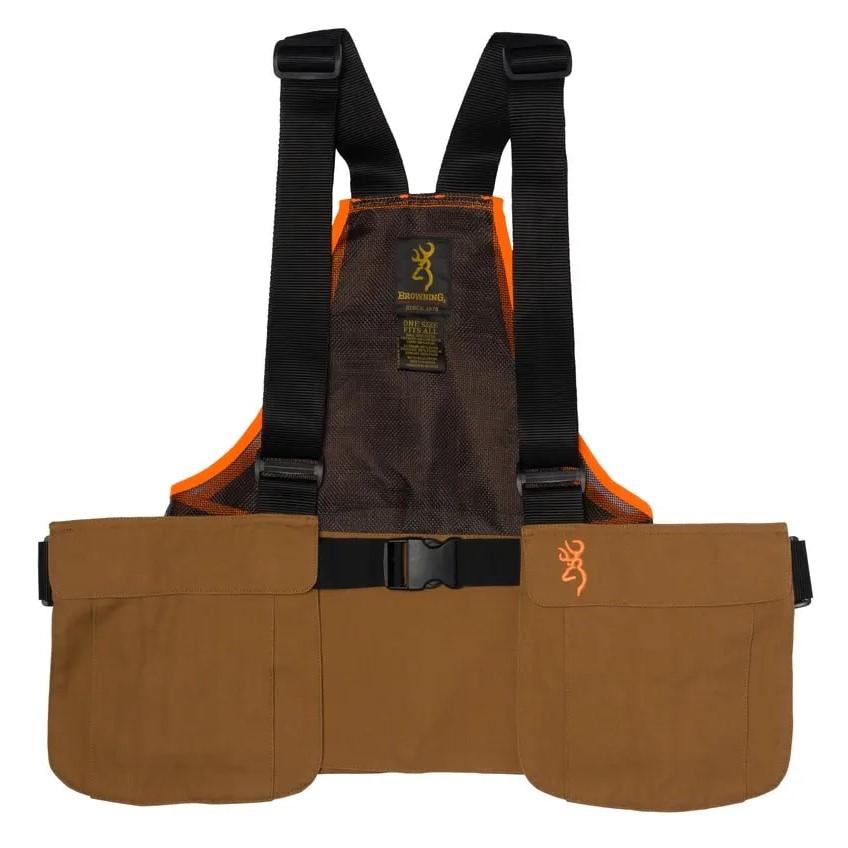 Brown hunting vest with black straps and pockets