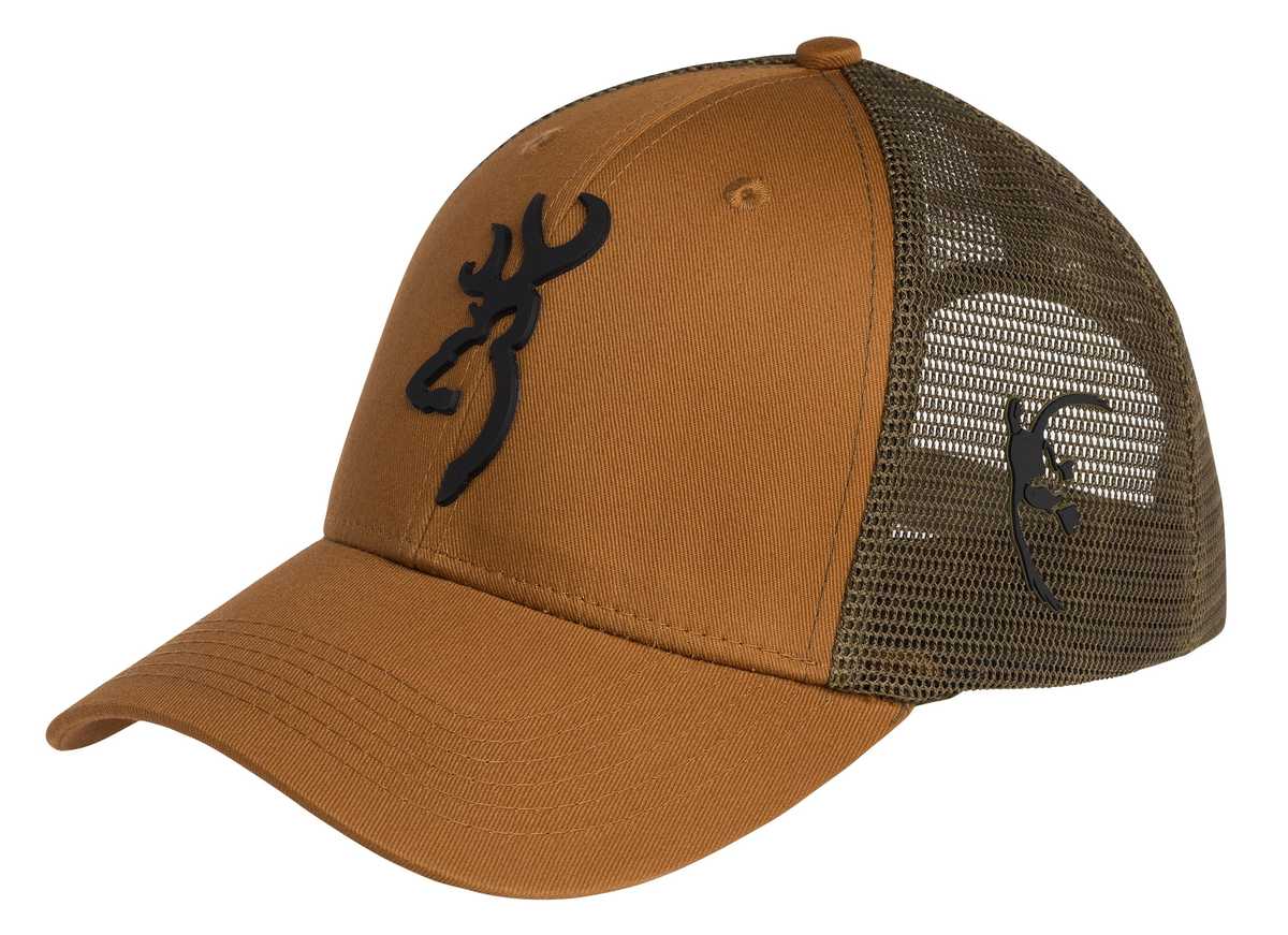 Brown trucker cap with black deer logo