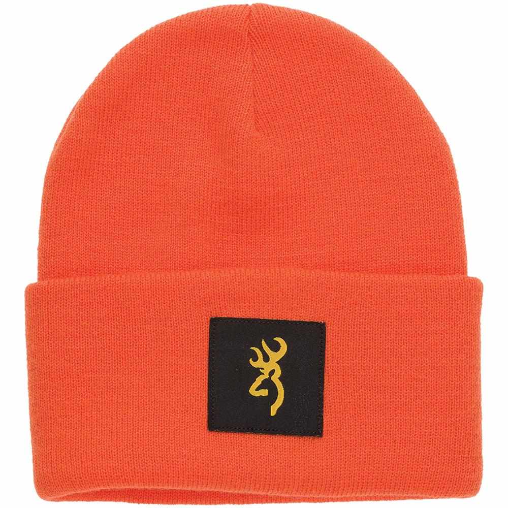 Orange knit beanie with black logo patch