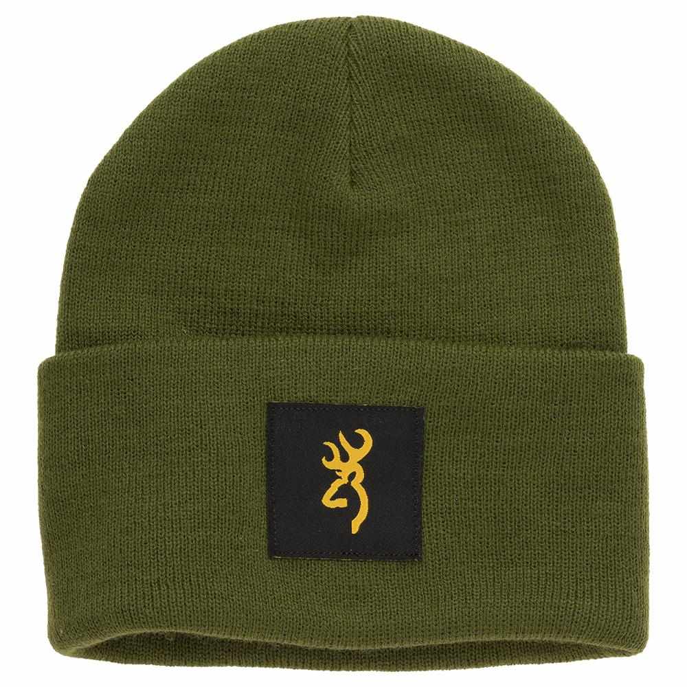 Olive green knit beanie with deer logo patch