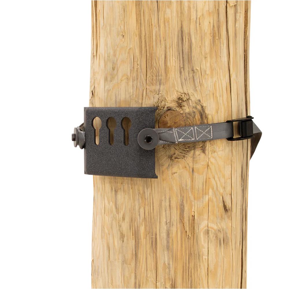 Metal mounting bracket strapped to wooden utility pole