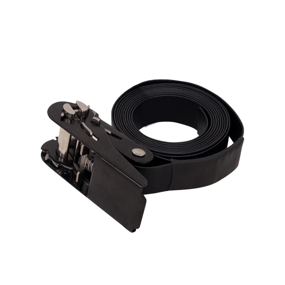 Black ratchet tie-down strap with metal buckle