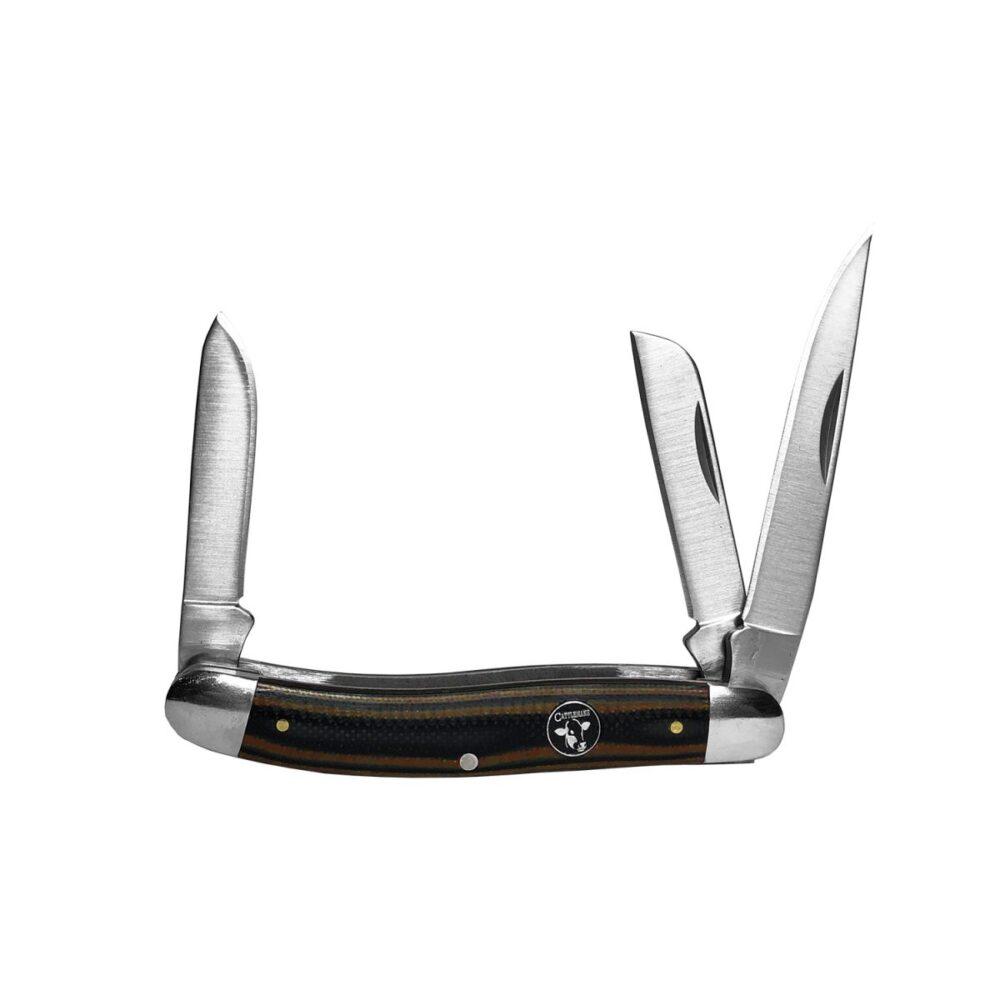 Three-blade folding pocket knife with wood handle