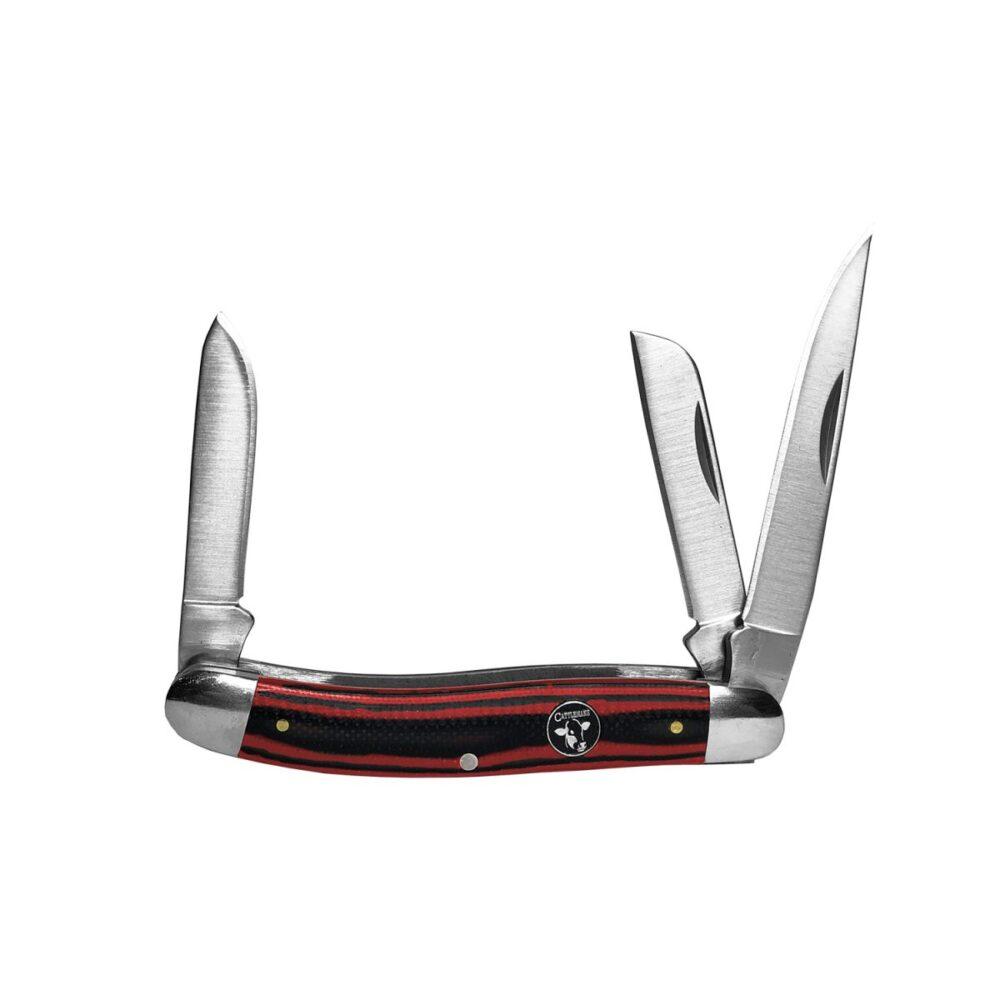 Three-blade folding pocket knife with red handle