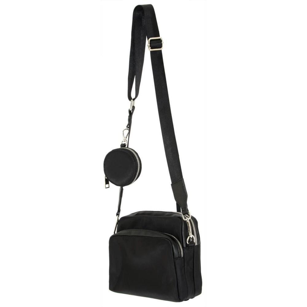 Black leather crossbody bag with round coin pouch