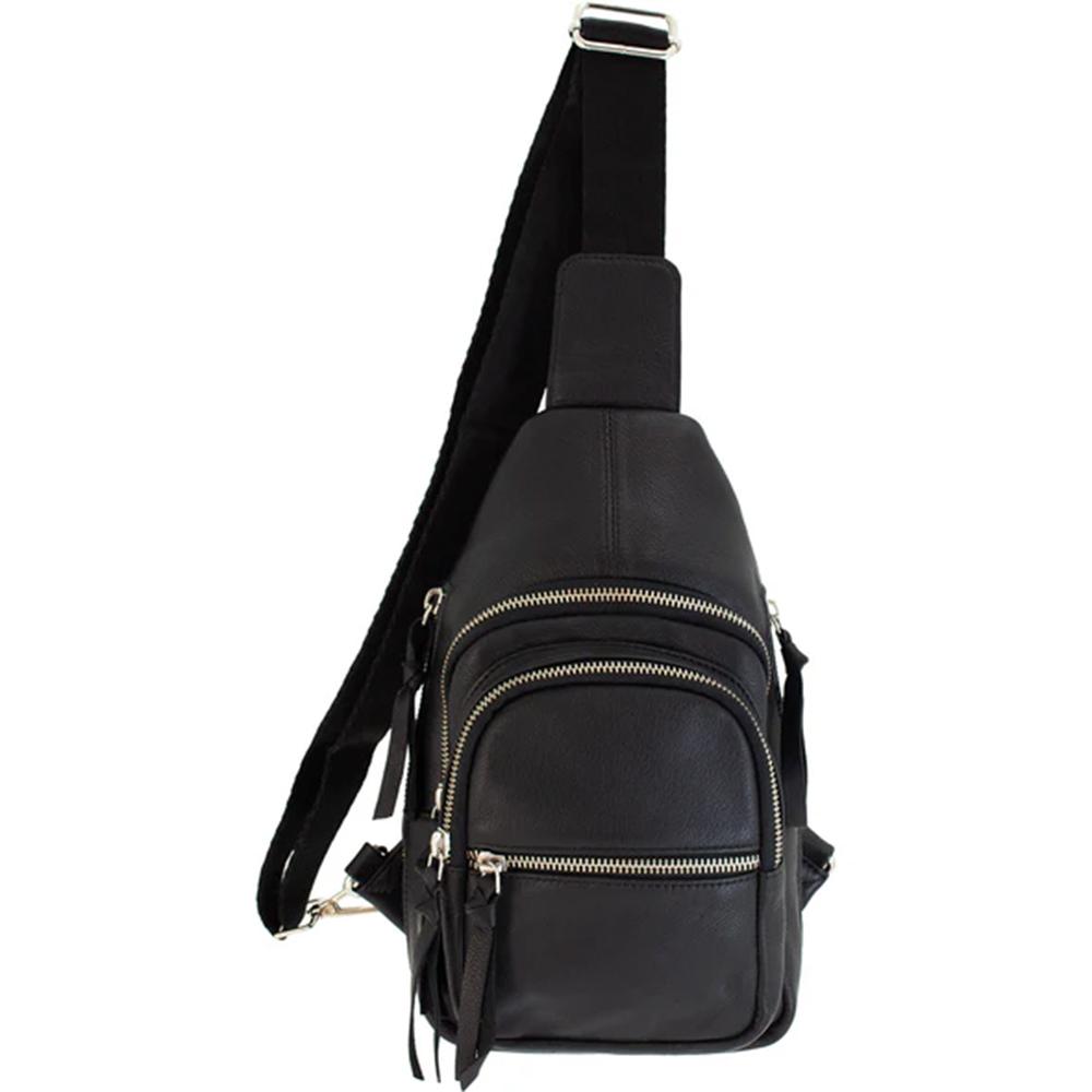 Black leather sling backpack with multiple zippered compartments