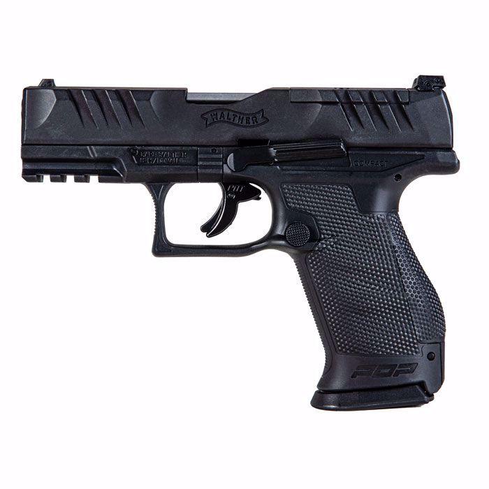 Black semi-automatic handgun on white background