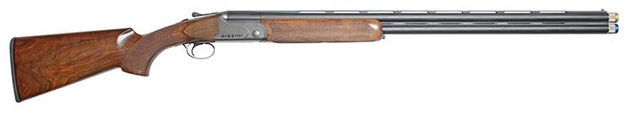 Over-under shotgun with wooden stock and double barrels