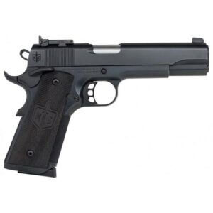Black semi-automatic pistol on white background