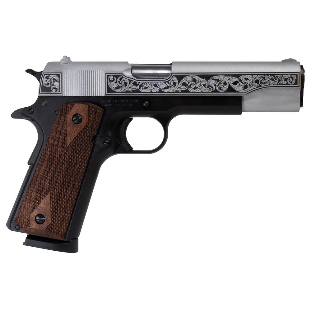 Engraved semi-automatic pistol with wooden grip