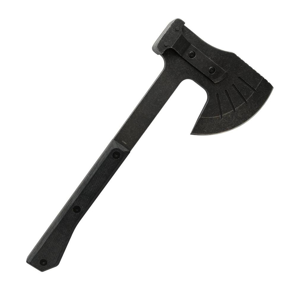 Black tactical hatchet isolated on white background