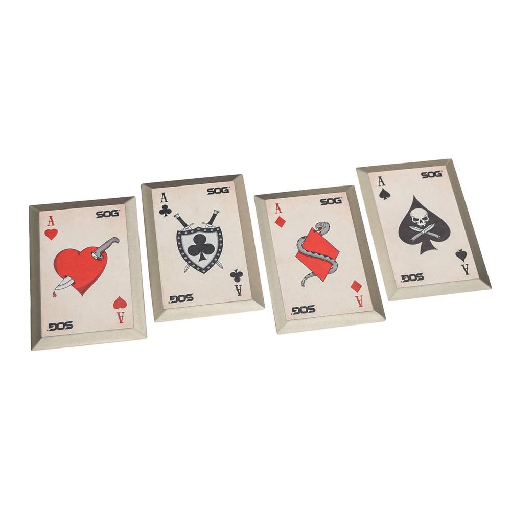 Four framed illustrated ace playing cards displayed
