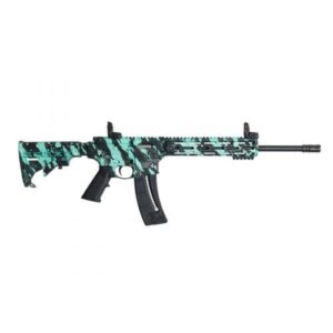 Teal camouflage modern sporting rifle on white background