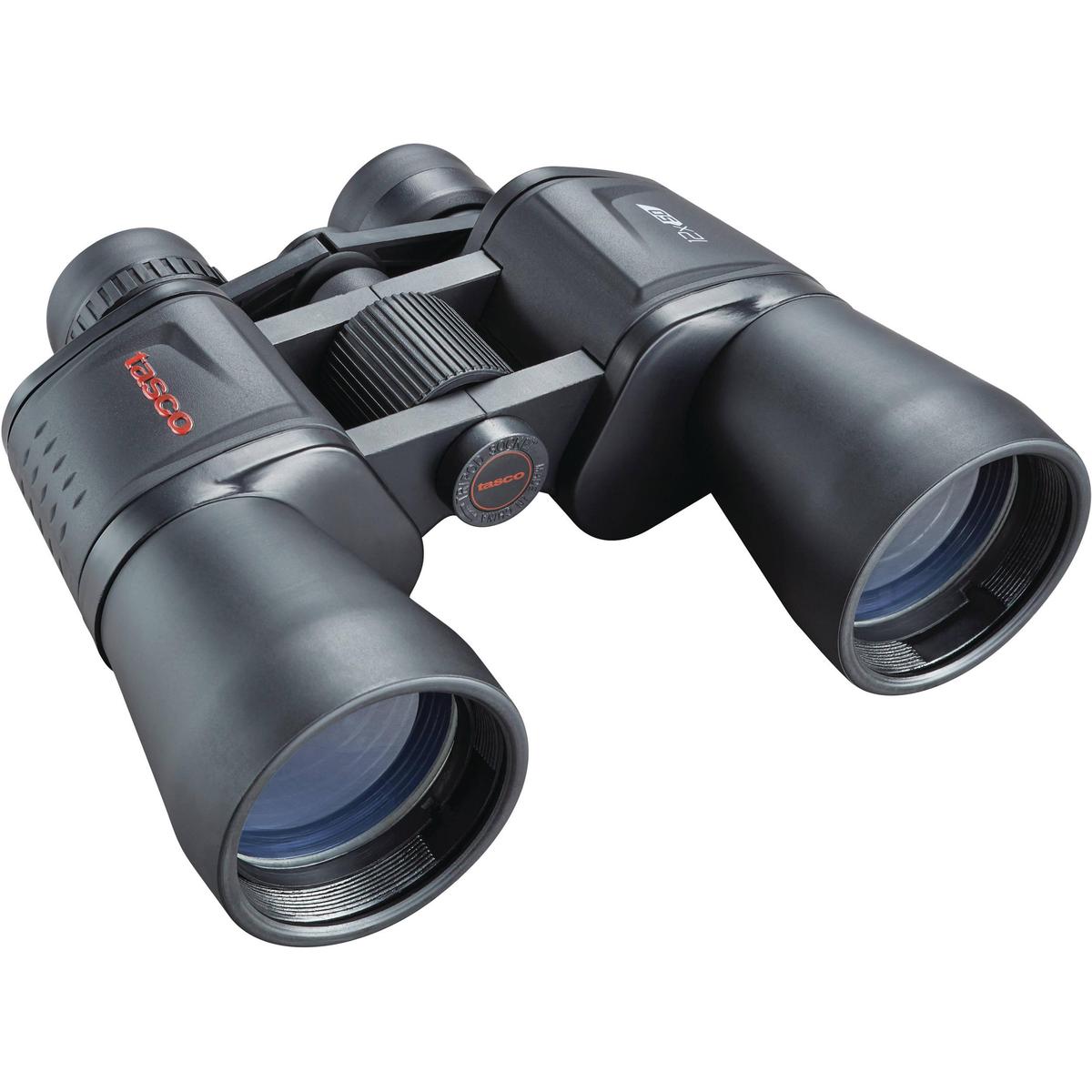 Black Tasco binoculars on white background