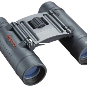 Compact black Tasco 12x25 binoculars on white background