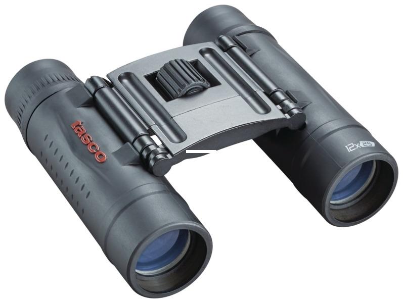 Compact black Tasco 12x25 binoculars on white background