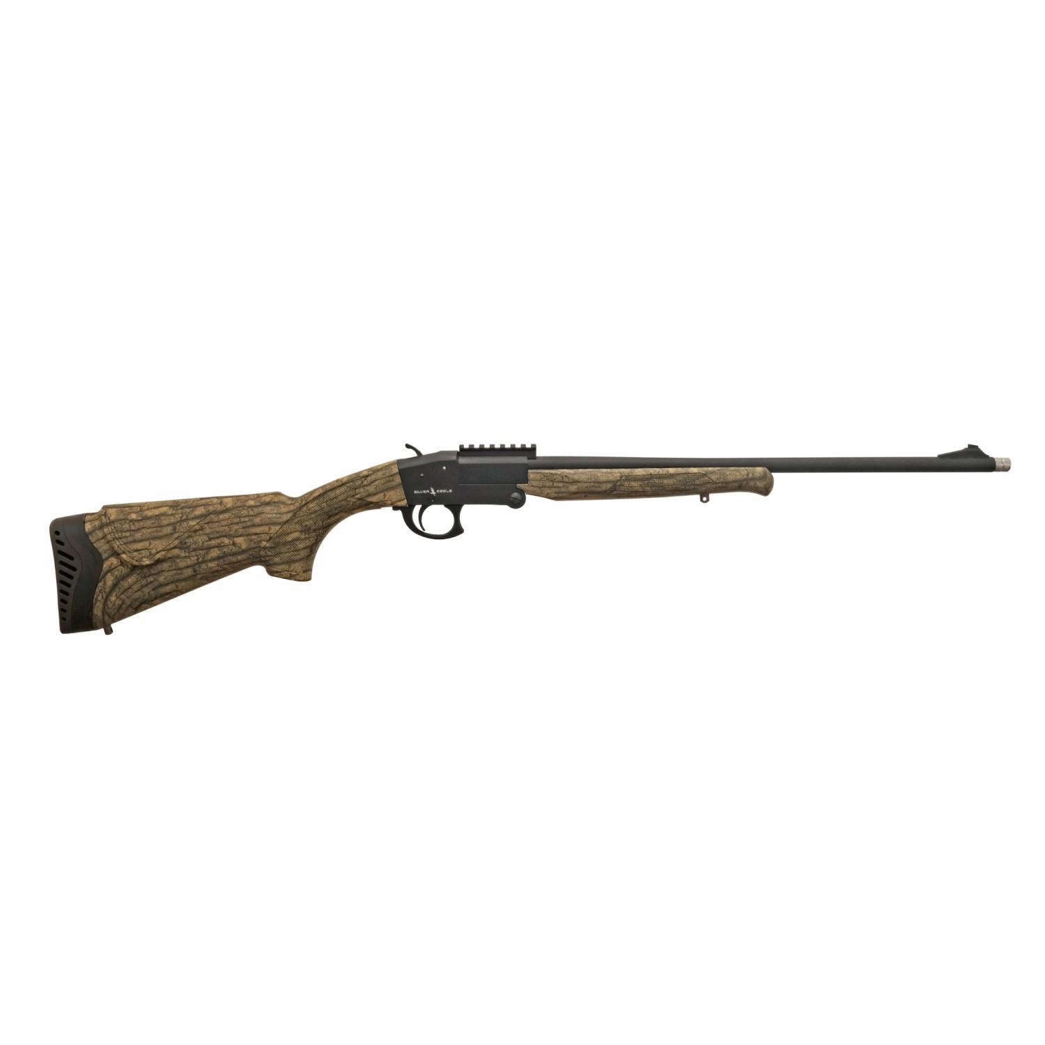 Single-shot rifle with camo stock on white background