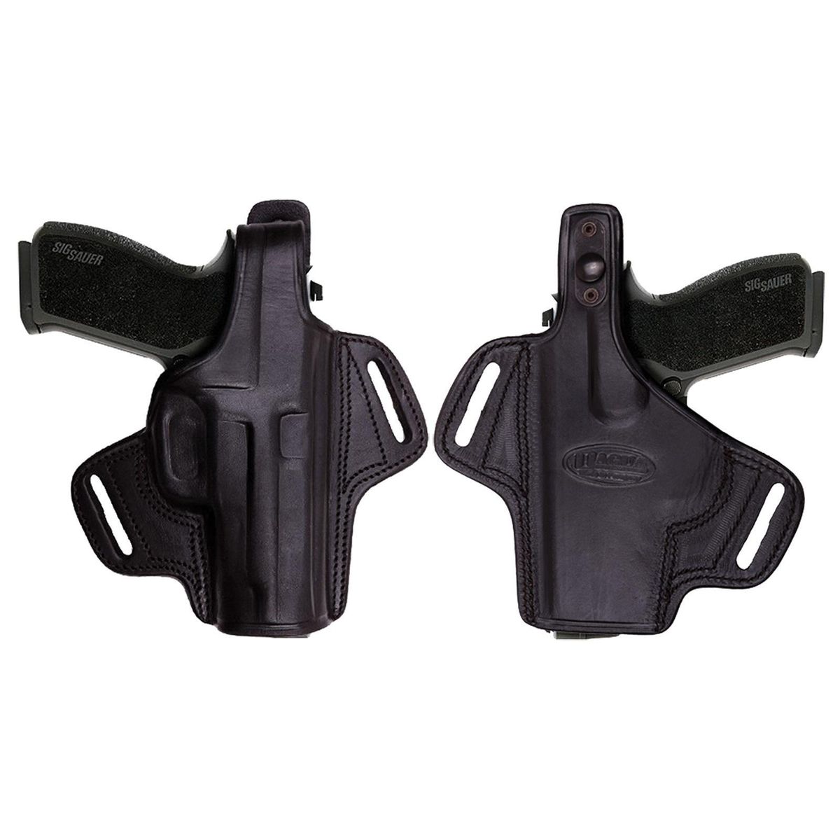 Leather belt holster with handgun, front and back views