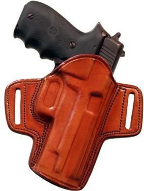 Handgun in brown leather holster