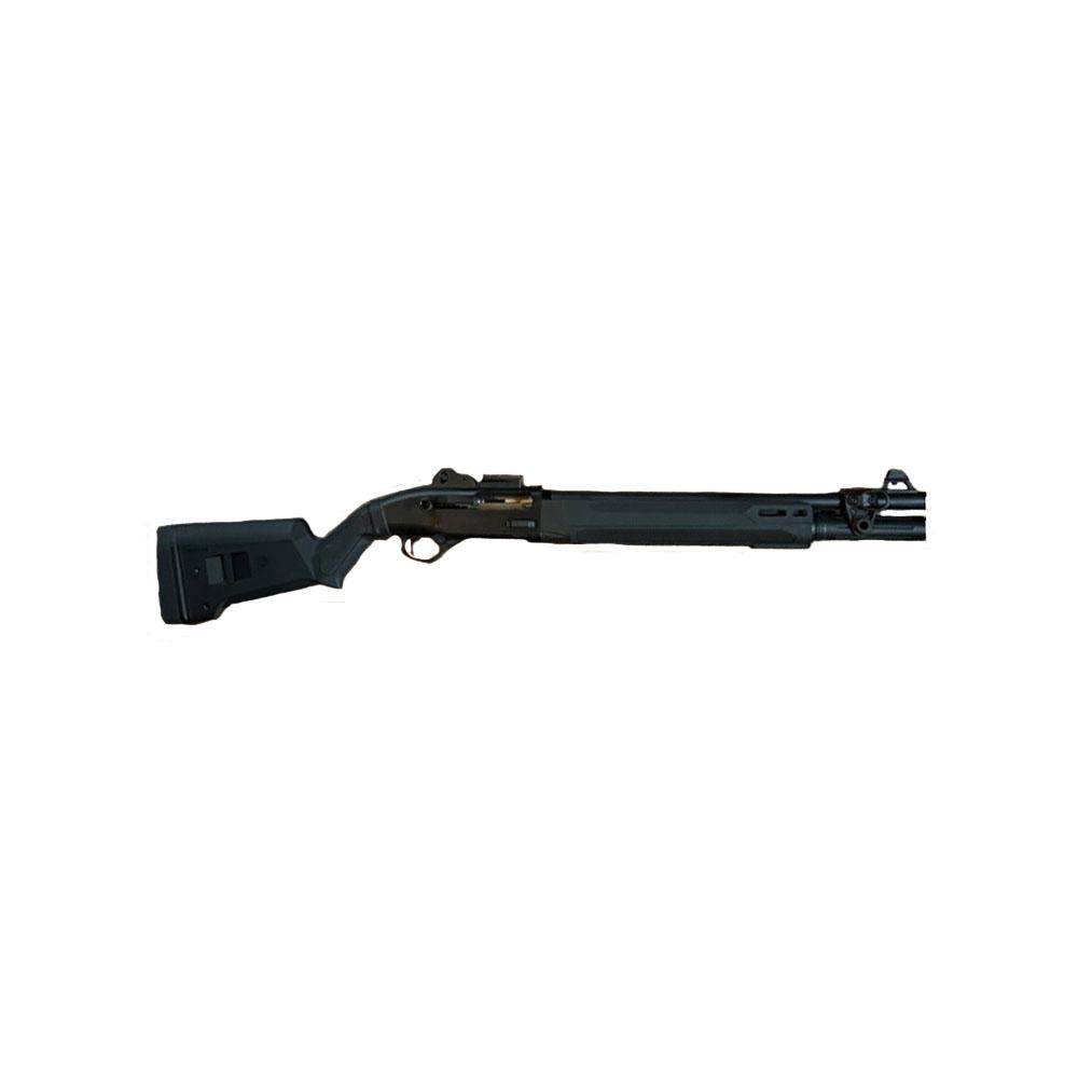Black pump-action shotgun on white background