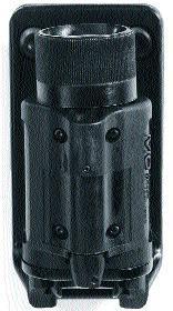 Black tactical flashlight in protective holster
