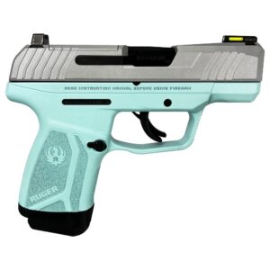 Teal and silver semi-automatic handgun on white background
