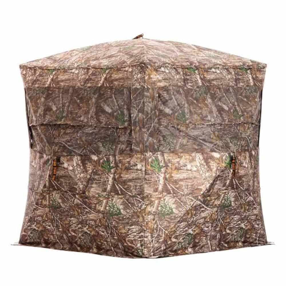 Camouflage hunting blind tent on white background