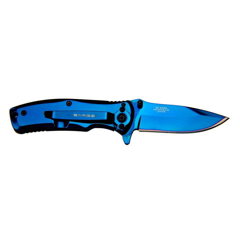 Blue folding pocket knife on white background
