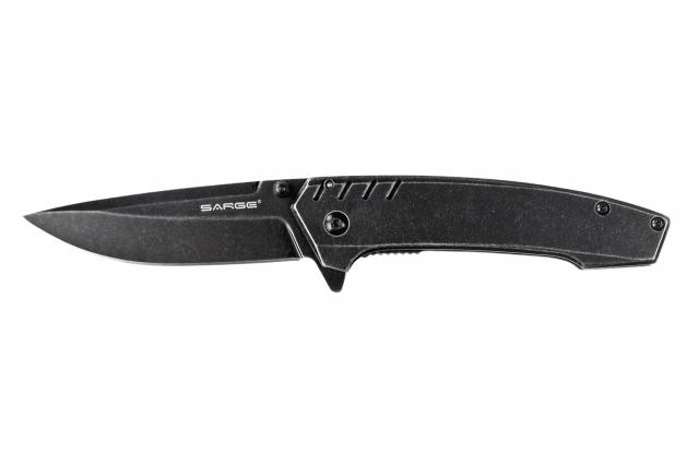 Black SOG folding pocket knife on white background