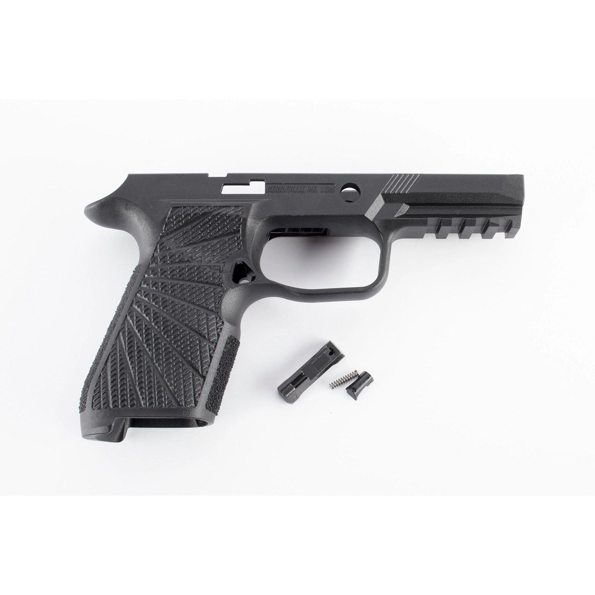 Black polymer handgun frame with small components