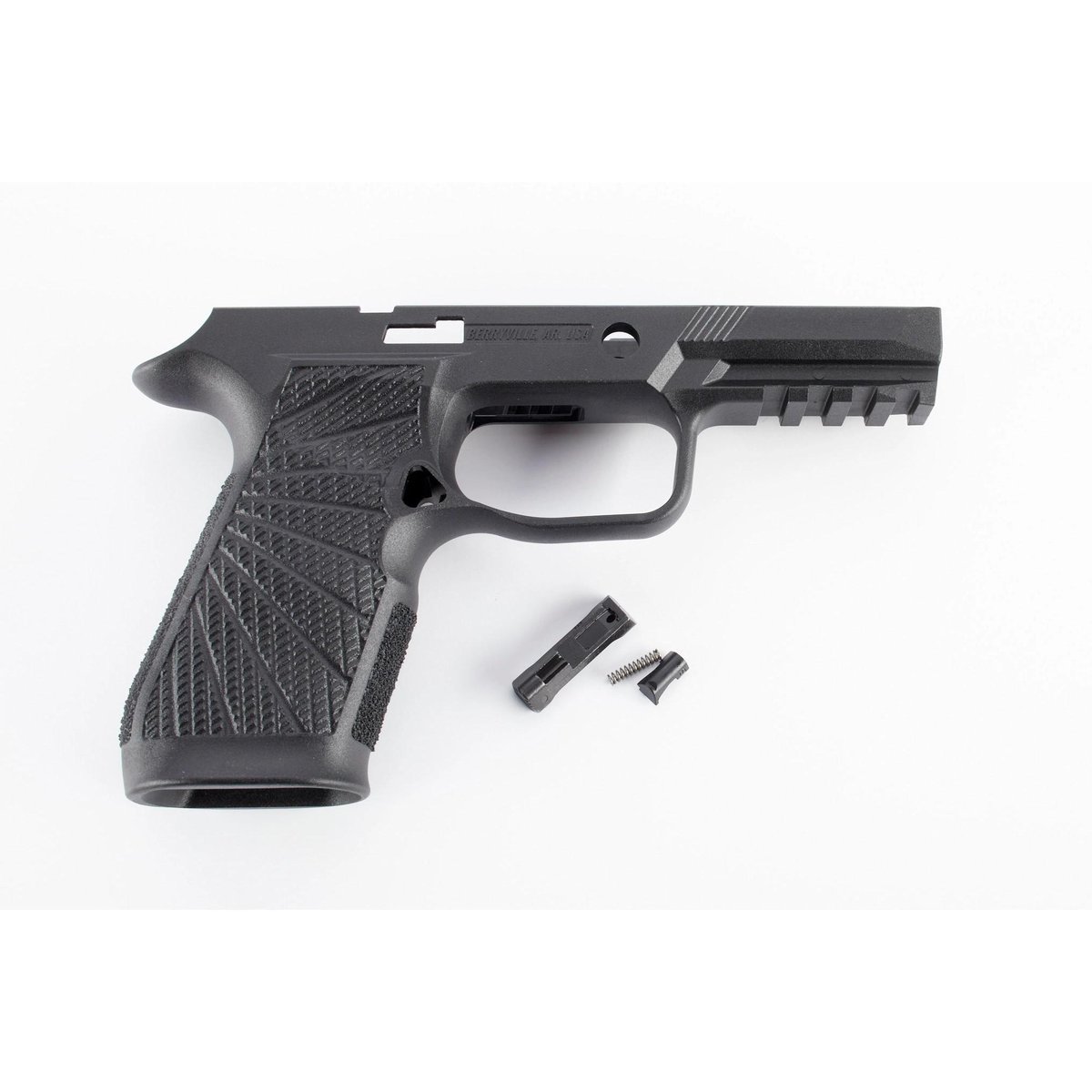 Black handgun frame with textured grip and rail