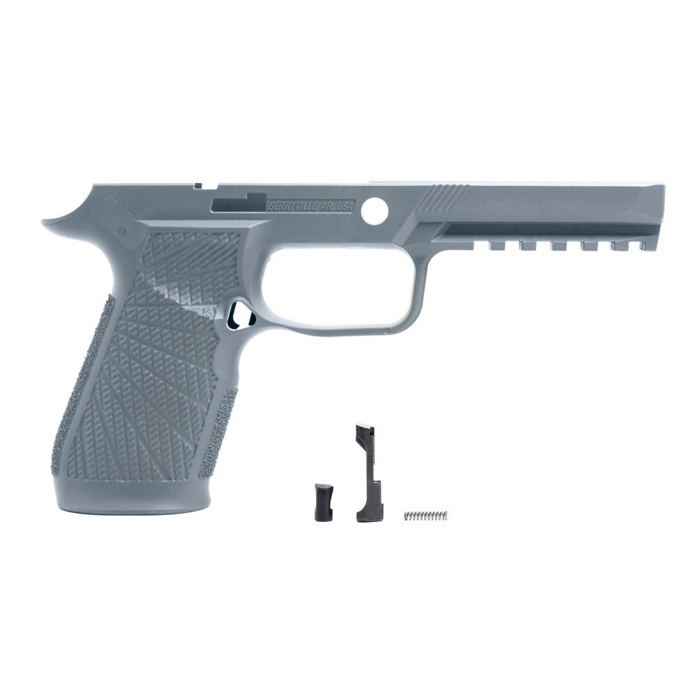 Gray handgun frame with small internal components