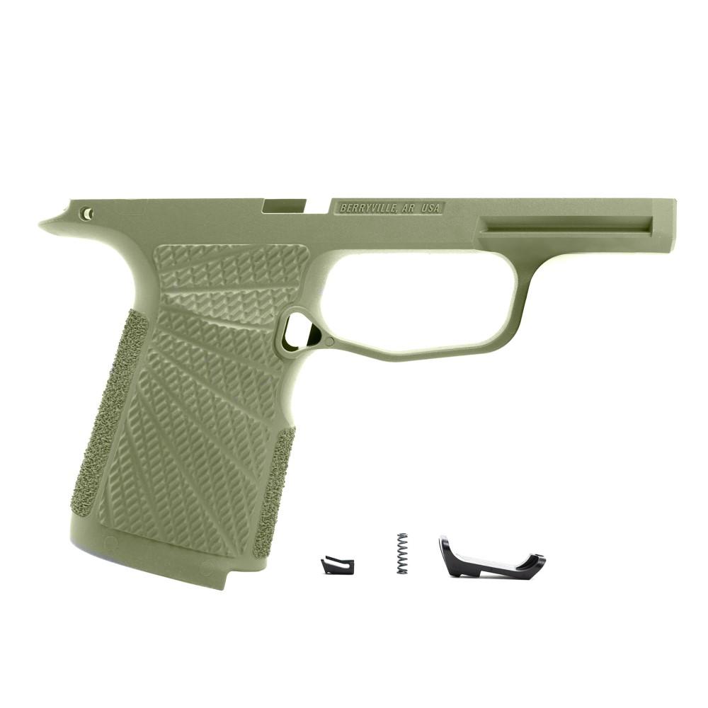 Olive green pistol frame with trigger components