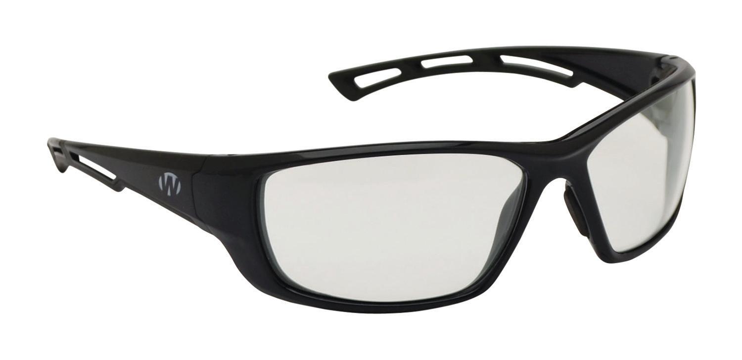 Black wraparound safety glasses with clear lenses