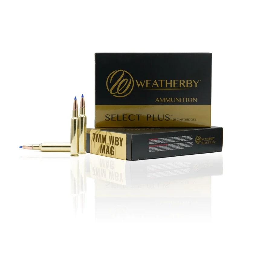 Weatherby 7mm Wby Mag ammunition box and cartridges