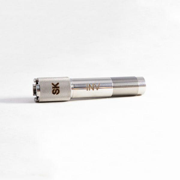 Stainless steel shotgun choke tube on white background