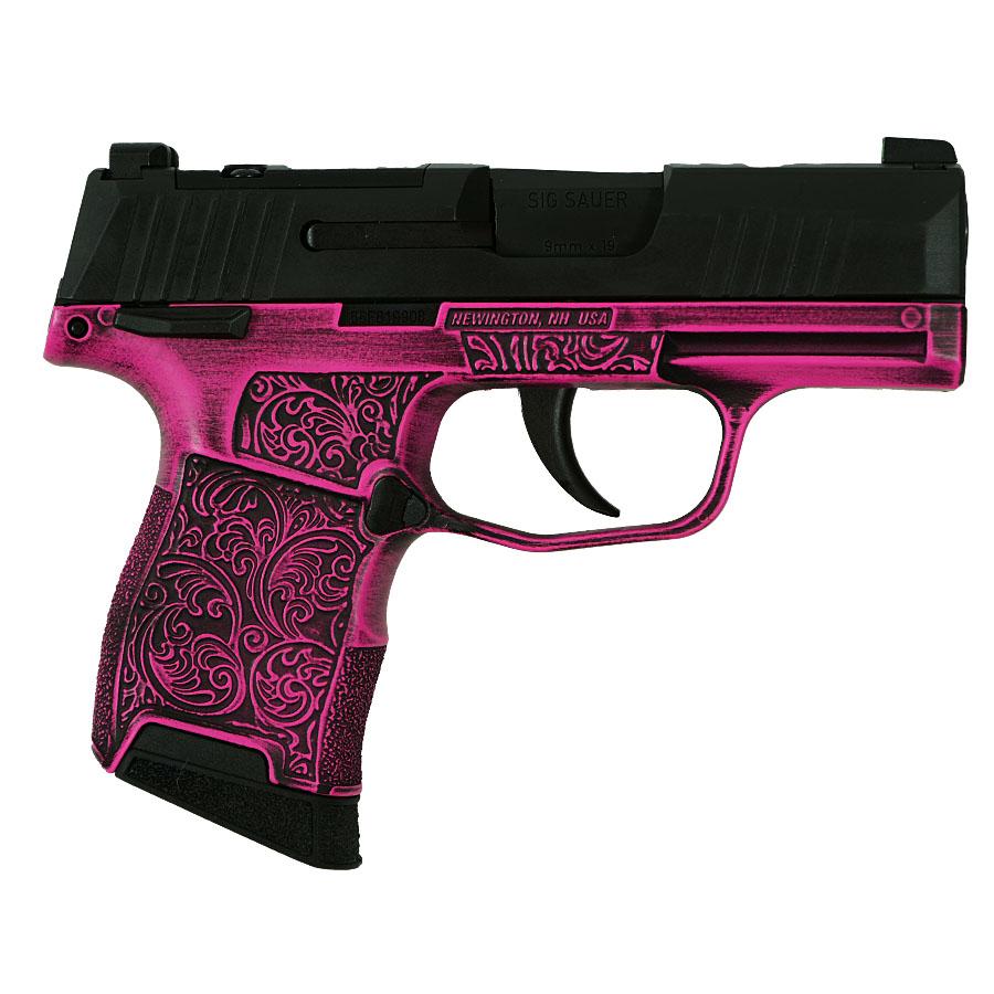 Pink engraved handgun with black slide
