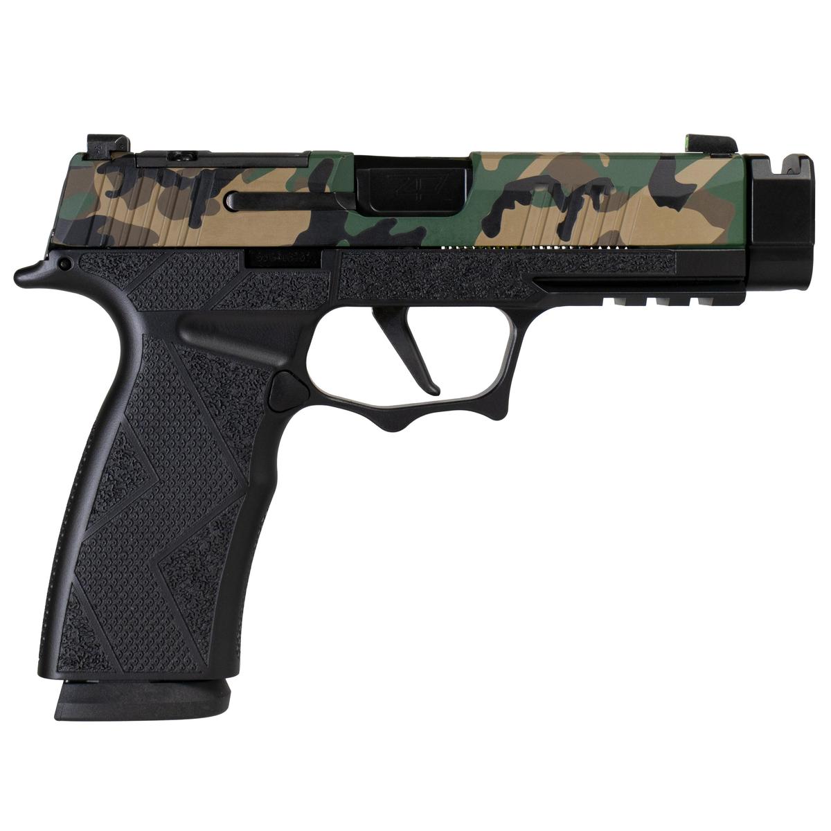 Camouflage slide semi-automatic handgun on white background