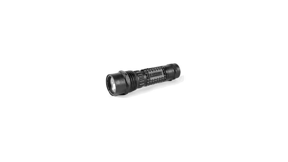 Black tactical handheld flashlight on white background