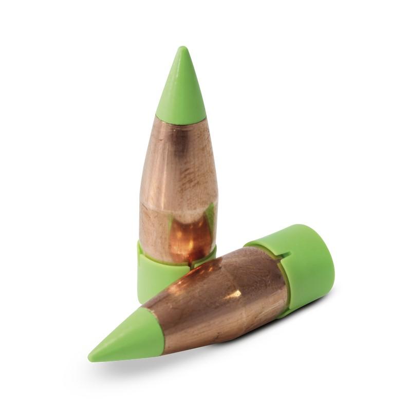Two green-tipped rifle bullets on white background