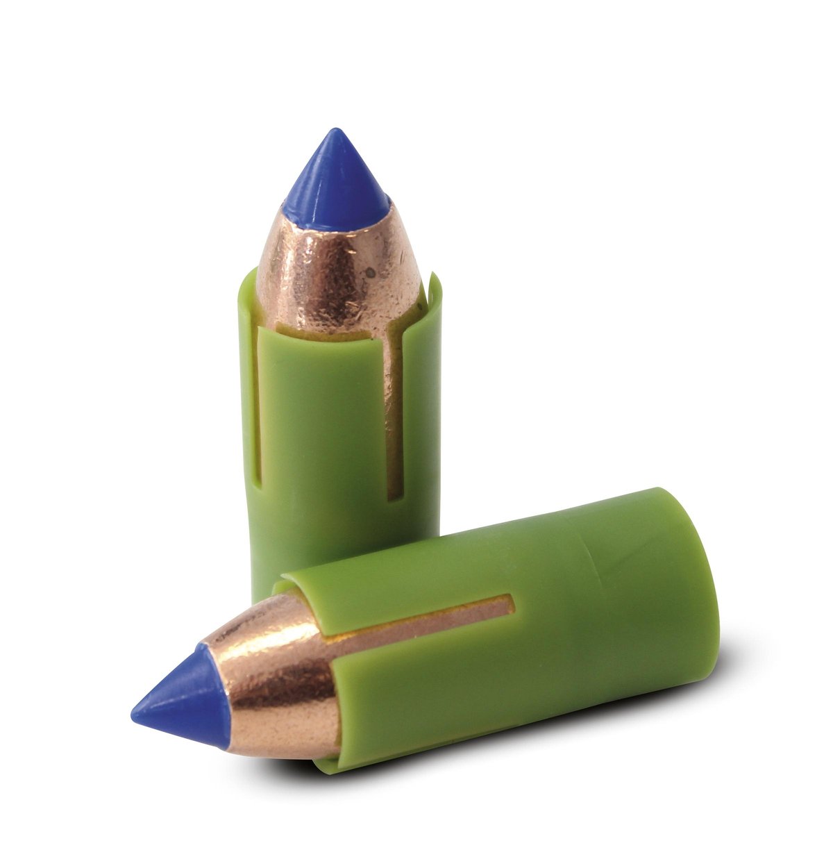 Copper bullets with blue tips in green sabots