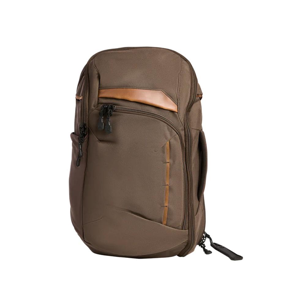 Brown modern backpack with multiple zippered compartments