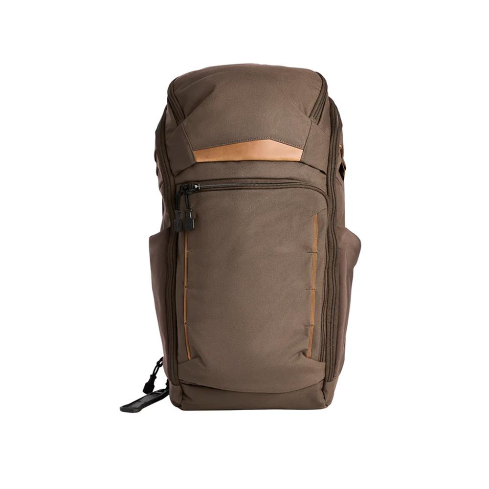 Brown multi-compartment backpack on white background